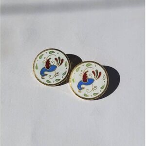Vintage Enamel Rooster Clip On Earrings Gold Tone Round White Red Blue